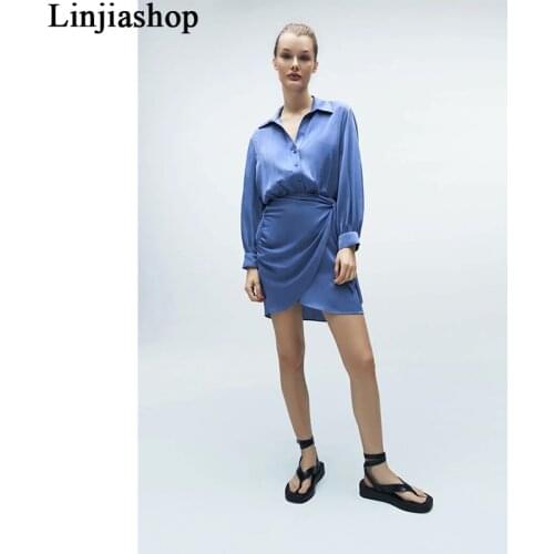 Za Women 2021 Blue Satin Mini Shirt Dress Woman Fashion Tie Dye Button Long Sleeve Dresses Ladies Casual Elastic Waist Dress