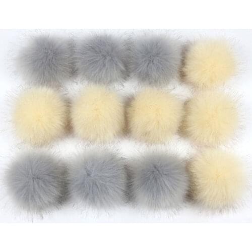 12 PCs Mixed Pom Pom Balls Imitation Fox Fur Gray Khaki Single/Double Color Round With Ring 8cm Dia. Hat Bag Clothes Decorations