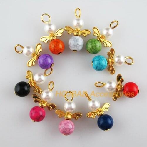 20 New Angel Charms Gold Color Mixed Imitation Stone Ball Pendants 13.5x22mm