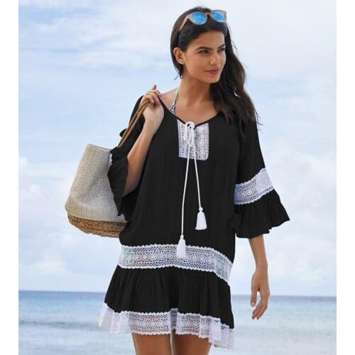 2019 Fashion Flare Sleeve Summer Beach Dress Women Tassel Crochet Bathing Suit Cover ups Pareo de plage Short Dress Beachwear