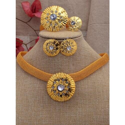 24k Gold Color Jewelry Sets Hollow Bangle Earring Necklace Ring Wedding Bijoux Algeria Dubai Bridal Zircon stone Gifts