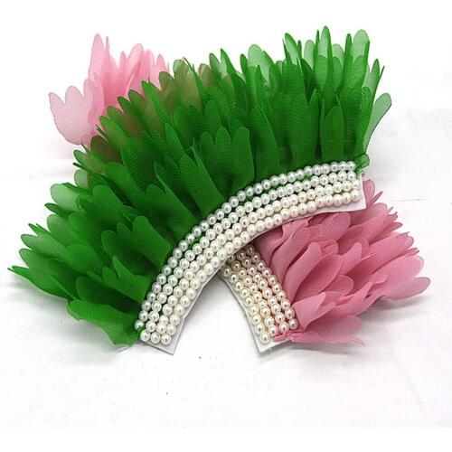30pcs / lot ruffle necklace chiffon flower pearl applique, handmade collar flower with pearl 14 colors U pick