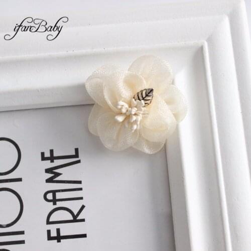 Handmade hair accessories Organza hair flowers fabric flower with stamen jewel kids girl hair flowers flat back