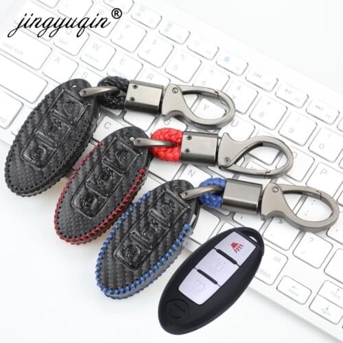 Jingyuqin Remote Key Case Carbon Leather Cover For Nissan X-Trail 370Z Cube Micra Qashqai Juke Leaf Tiida Cube Quest Versa 3BTN