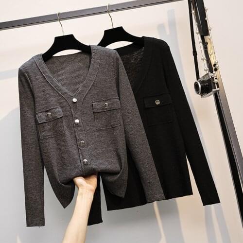 Black V-Neck Knitted Plus Large Size Oversize Korean Style Fashion Pullovers For WomenS Ladies 2021 Clothes Sweater Tops Blouse