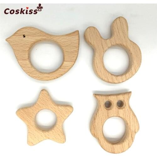 DIY Baby Teether Toys Organic Natural Beech Wooden Rabbit-Bird-Owl-Star Hand Cut Toys Baby Wooden Teether Gift