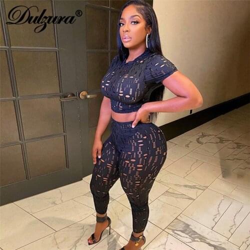 Dulzura 2021 Autumn Winter Women Hole Solid 2 Pieces Short Sleeve Crop Top High Waist Leggings Set See Through Sporty Casual