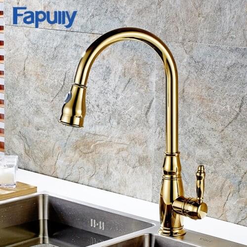 Fapully Gold Kitchen Faucet Pull Out Copper Rotatable Single Handle Sink Mixer Tap Deck Mounted Faucet Torneira De Czinha 158-33