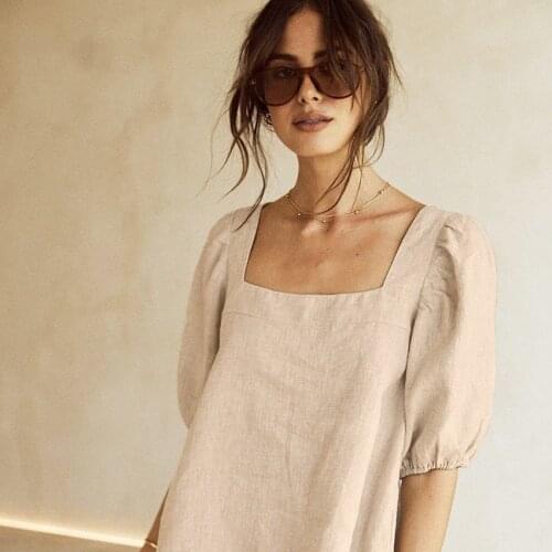 Summer New Casual Fashion Short-sleeved Solid Color Cotton Loose Pullover Square Neck Wide leg Pants Puff Sleeve Two-piece Suit