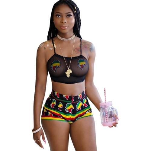 Hot new beach 2 pieces outfits lady sexy mesh crop top and shorts suit indie folk print women set DYM-8155