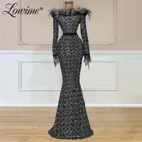 Lowime Feathers Boat Neck Arabic Evening Dresses Long Sleeves Party Dress For Weddings Robes Dubai Muslim Celebrity Evening Wear