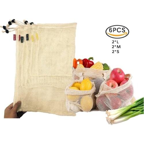 6Pcs Reusable Produce Bags Cotton Vegetable Bags Mesh Bags With Drawstring Home Kitchen Fruit And Vegetable Storage ecologico
