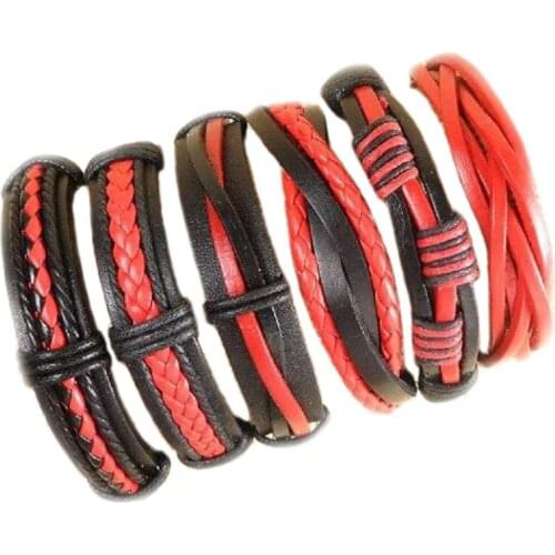Handmade Wholesale (6pcs/lot) Ethnic Tribal Genuine Adjustable Red&Black Leather Bracelets For Women -S39