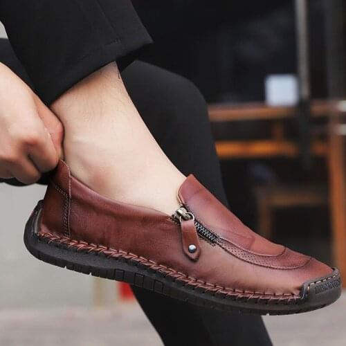 Mens Leather Shoes Classic Brand Design Soft Leather Loafers Sewing Sole Retro Trend Casual Driving Shoes Large Size 38-48