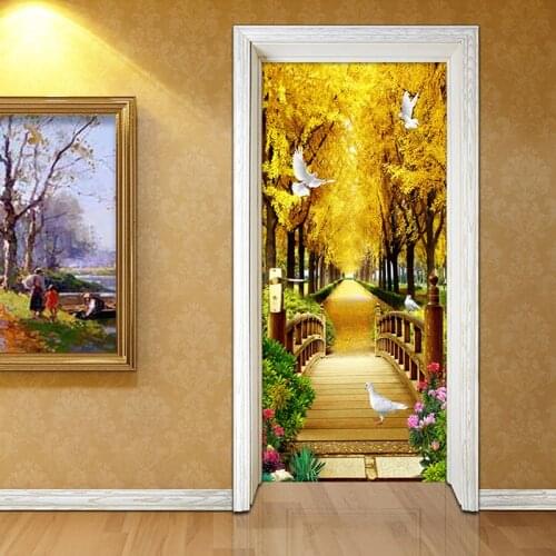3D Wall Door Sticker Golden Forest Nature Landscape Wallpaper Living Room Bedroom Home Decor Door Decals PVC Papel De Parede 3 D