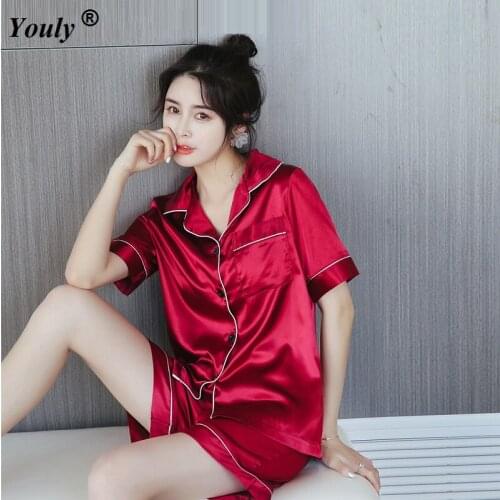 Turn-Down Collar short Sleeve Pajamas Sets 2020 summer Solid Women Sleepwear Top And Hot Shorts Casual Homewear pajama suit set