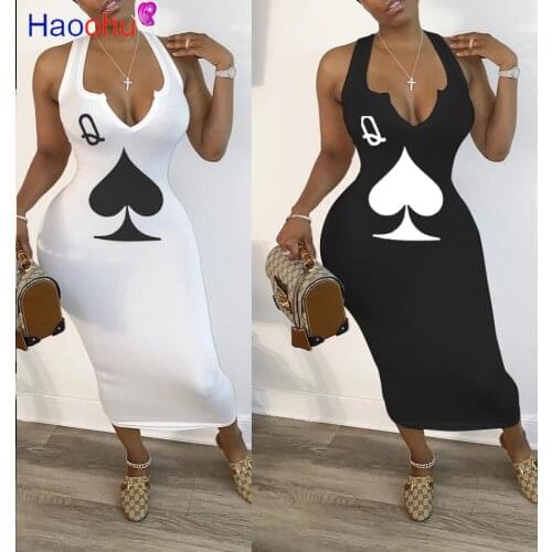 HAOOHU summer women black queen poker card sleeveless v-neck tank bodycon midi mid-calf dress club sexy party pencil dresses