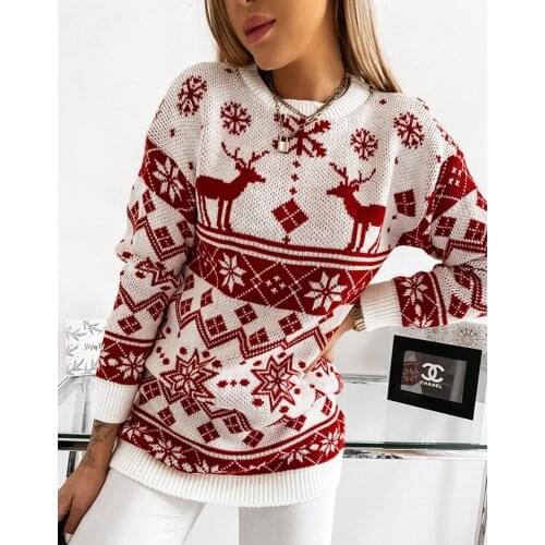 Christmas Women Sweater Snowflake and Elk Pattern Round Collar Long Sleeve Knitted Pullover Tops Female Autumn Winter Clothing