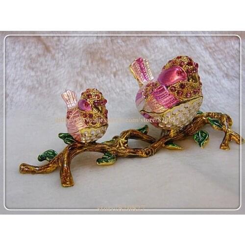 Home wealth decoration bird trinket box 2 hand painted birds on branch jewelry box display birds crafts wedding gifts