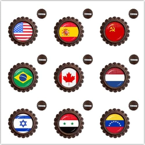 Soviet Union,Brazil,Canada,Netherlands,Israel,Syria,Venezuela,United States,Spain National Flag Wood Glass Cabochon Brooch Gift