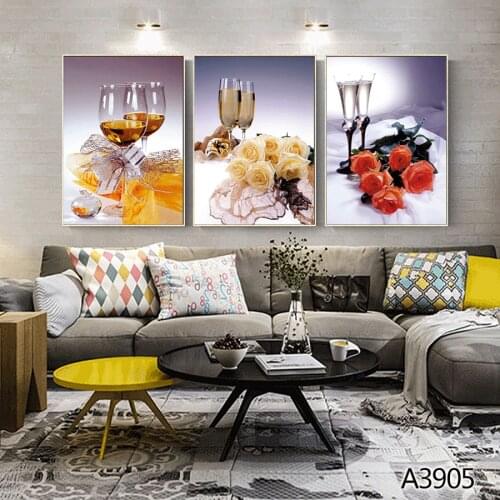 Modern Oil Painting Print on Canvas 3pcs Wine Bottle Rose Flower Kitchen Canvas Printing Wall Art Picture Painting for HomeDecor