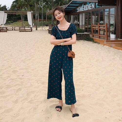Dot Jumpsuits Summer Women Fashion Short Sleeve O-neck Loose Casual One Piece Wide Leg Pants Sets Overalls Elegant Romper 2021