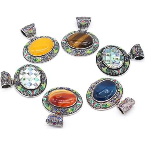 Natural Stone Vintage Pendants Lapis lazuli Malachite RetroTibetan Silver Pendant for Women Jewelry Making DIY Necklace