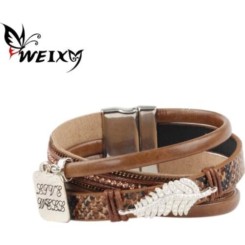 WEIXY Women Bracelets Jewelry Multilayer Leather Chain Alloy Leaf Pendant With Magnetic Clasp Buckle Bracelet Wristband Jewelry