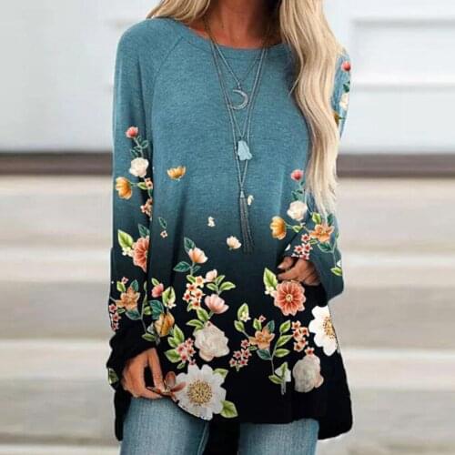 Aesthetic Clothes Loose Graphic Tees Harajuku T Shirts Vintage Long Sleeve Ladies Tops 2021 Casual O Neck Shirt Flower Print Top