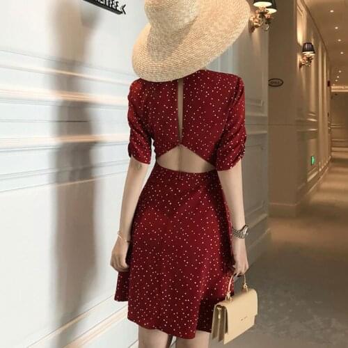 New Style Korean-style WOMENS Wear French-Waist Hugging A- line V-neck Backless Short Sleeve dress