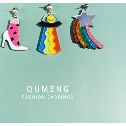 QUMENG 3 styles hyperbole Personality Acrylic UFO High heels Star Earrings For Women Long stud Earring 2020 Fashion Jewelry
