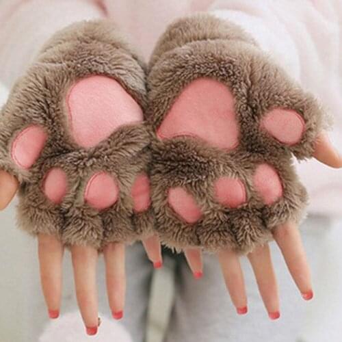 Women Winter Gloves Thickening Half-finger Flip Keep Warm Glove Cat claw Fleece Fingerless Gloves gants femme Cute Glove 2021