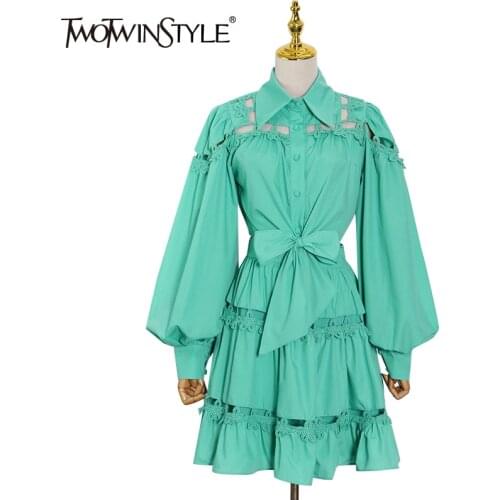 TWOTWINSTYLE Green Two Piece Set For Women Lapel Lantern Long Sleeve Lace Up Tops High Waist Mini Skirts Casual Sets Female 2021
