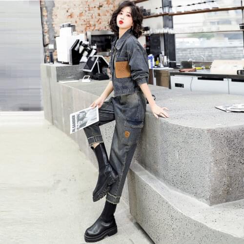 Female Spring Autumn Fashion Fried Street Cowboy Suit Spring 2021Women New Korean Style High Waist Thin Splicing Two-piece C319
