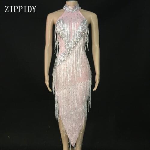 Fashion Design Tassel Pink Latin Dress Evening Birthday Prom Celebrate Rhinestones Dance Dress Bar Evening Women Fringes Dress