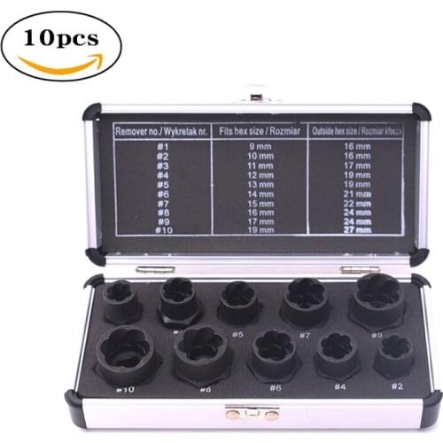 10pc Damaged Bolt Extractor Steel Nut Screw Remover Threading Socket Tool Hand Tool Kit 9-19Mm in Tool Box With Box