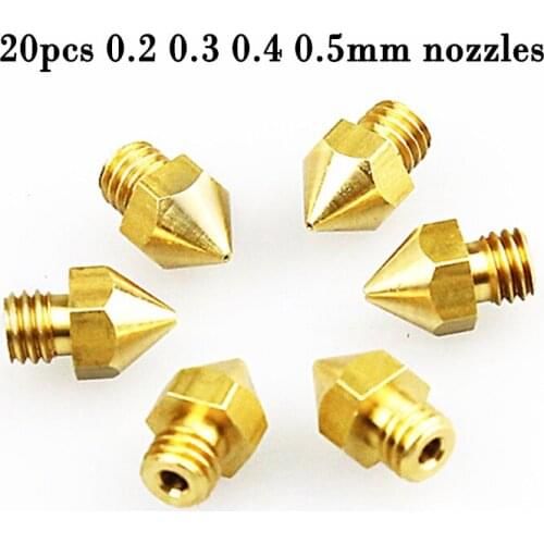 20pcs 0.2/0.3/0.4/0.5mm 3d printer steel Copper Nozzles 1.75mm filament a6 a8 MK8 Extruder Makerbot diy printers parts