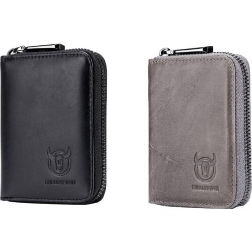 2x BULLCAPTAIN Leather Men Wallet Card Pack Zipper Card Case Holder Credit Card Bag Short Coin Purse Gray & Black