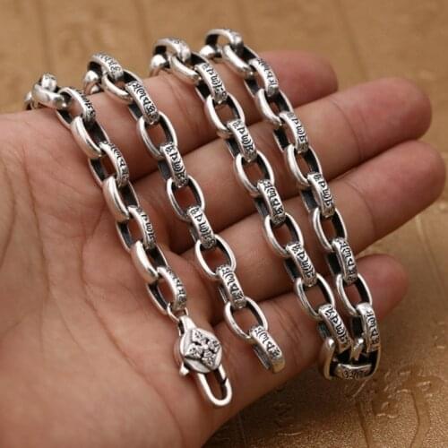 8MM s925 pure Silver Jewelry 100% real solid Heart Sutra Necklace for Man Thai Silver Buddhist Vajra Pestle Good Luck Man Chain