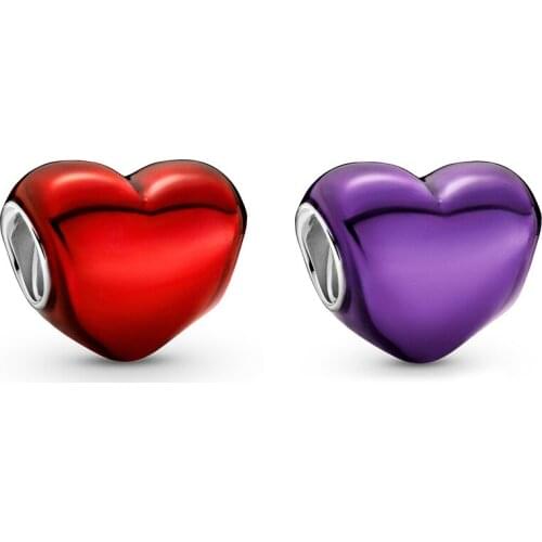 Free Shipping Authentic 925 Sterling Silver Metallic Purple Red Heart Charm Fit Original Pandora Bracelet For Women DIY Jewelry