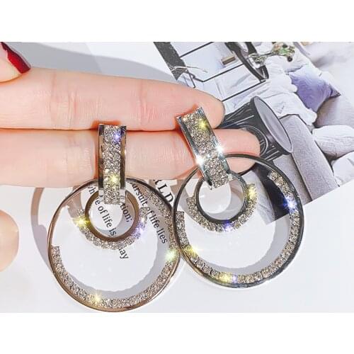 Big Exaggerated Fashion Crystal Double Round Earrings Gold Silver Long Women Circle Rhinestone Drop Earrings Jewelry Gift 2020
