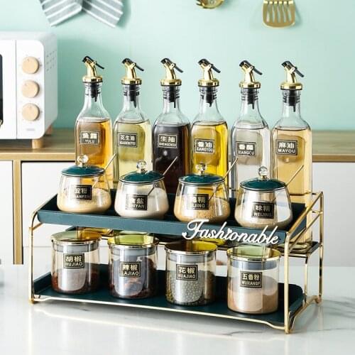 Household light luxury kitchen spice rack multi-functional ceramic salt oil jar storage stand fashion simple glass bottle set