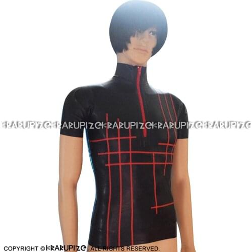 Black And Red Cross Trims Sexy Latex Shirt With Short Sleeves Rubber Clothings YF-0122