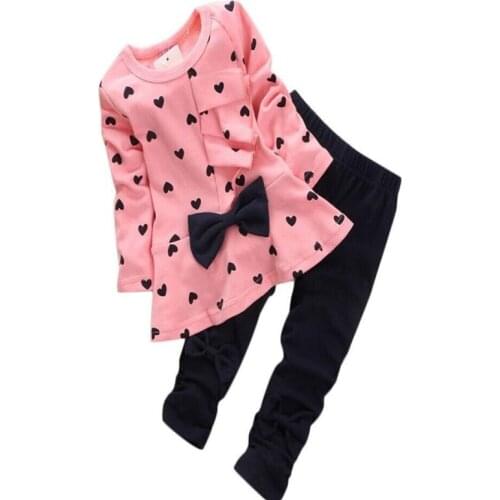 Childrens clothing clothes girls clothes New Baby Sets Heart-shaped Print Bow Cute 2PCS Kids Set T shirt + Pants pink Clothes