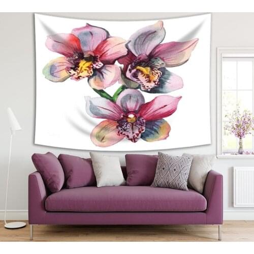 Tapestry Orchid Flowers Branch Classic Style Watercolor Painting Artwork Printed Pink Blue Yellow