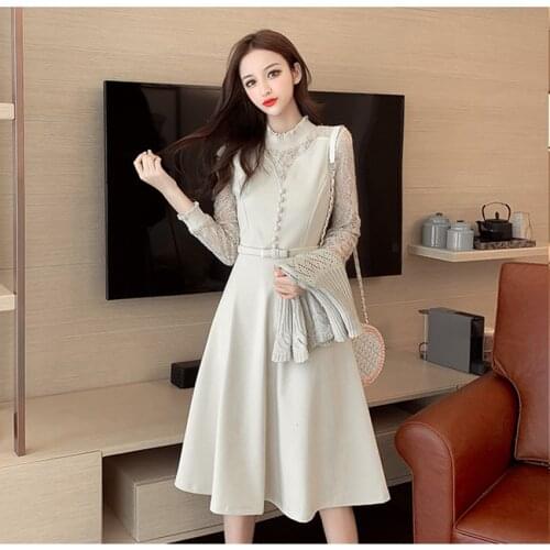 JSXDHK New Autumn Winter 2 Piece Set Dress Women Turtleneck Knitted Shawl Cloak Tops + Woolen Patchwork Lace Button Dress Suit