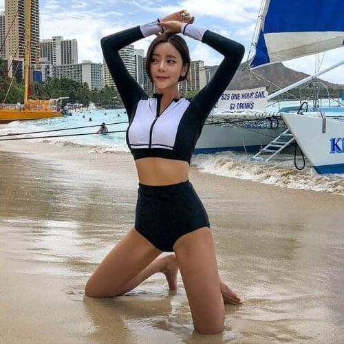 Korean Women Sexy Zipper Swimsuit Women Three Pieces Long Sleeves Sunscreen Beach Clothes Swimsuit Female Bathing Suit Swimwear