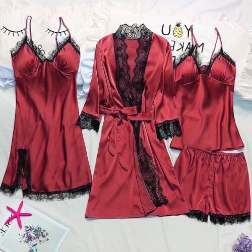 Summer 2019 Women Pajama Sets 4 Pcs Sexy Lace Pyjamas Women Satin Silk Sleepwear Elegant Pijama with Chest Pads Homewear