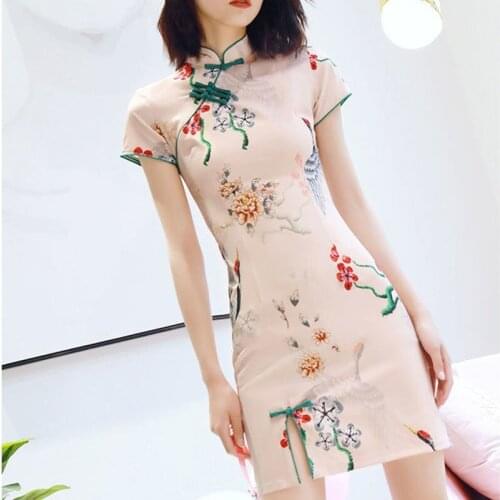 Summer Women Slim Print Cheongsam Vintage Thin Evening Party Dress Sexy Mini Dancing Gown Chinese Traditional Qipao Vestidos