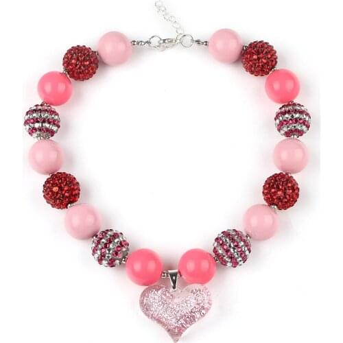 Lovely Kids Pink Resin Heart Pendant 20mm Chunky Beads Strand Bubblegum Necklace Baby Girls Childrens Day Birthday Gift Jewelry